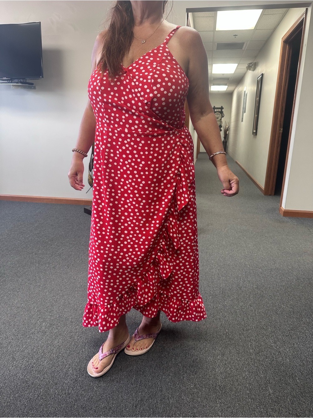 Red Polka Dot Wrap Maxi Dress - Sleeveless Ruffle Hem